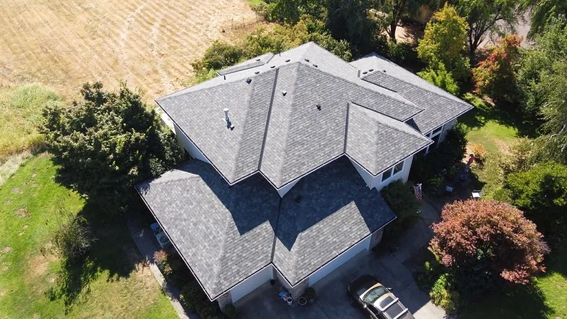 Aerial shot of new roof installation in Portland, OR
