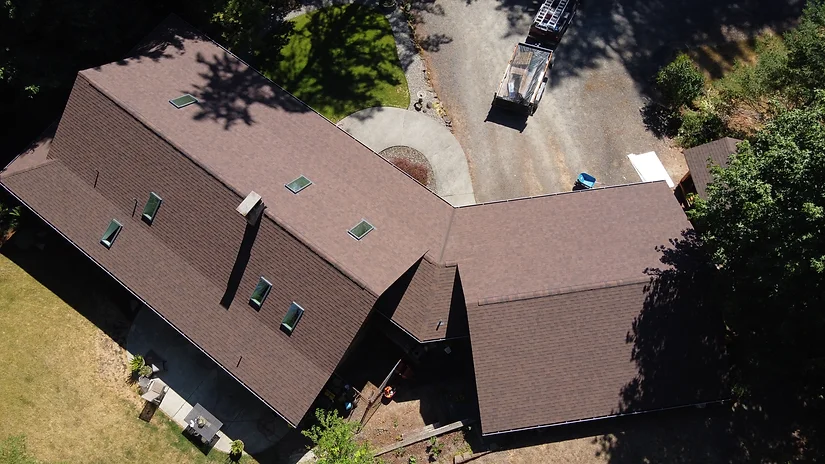 Aerial shot of roof replacement project in Chapman, OR