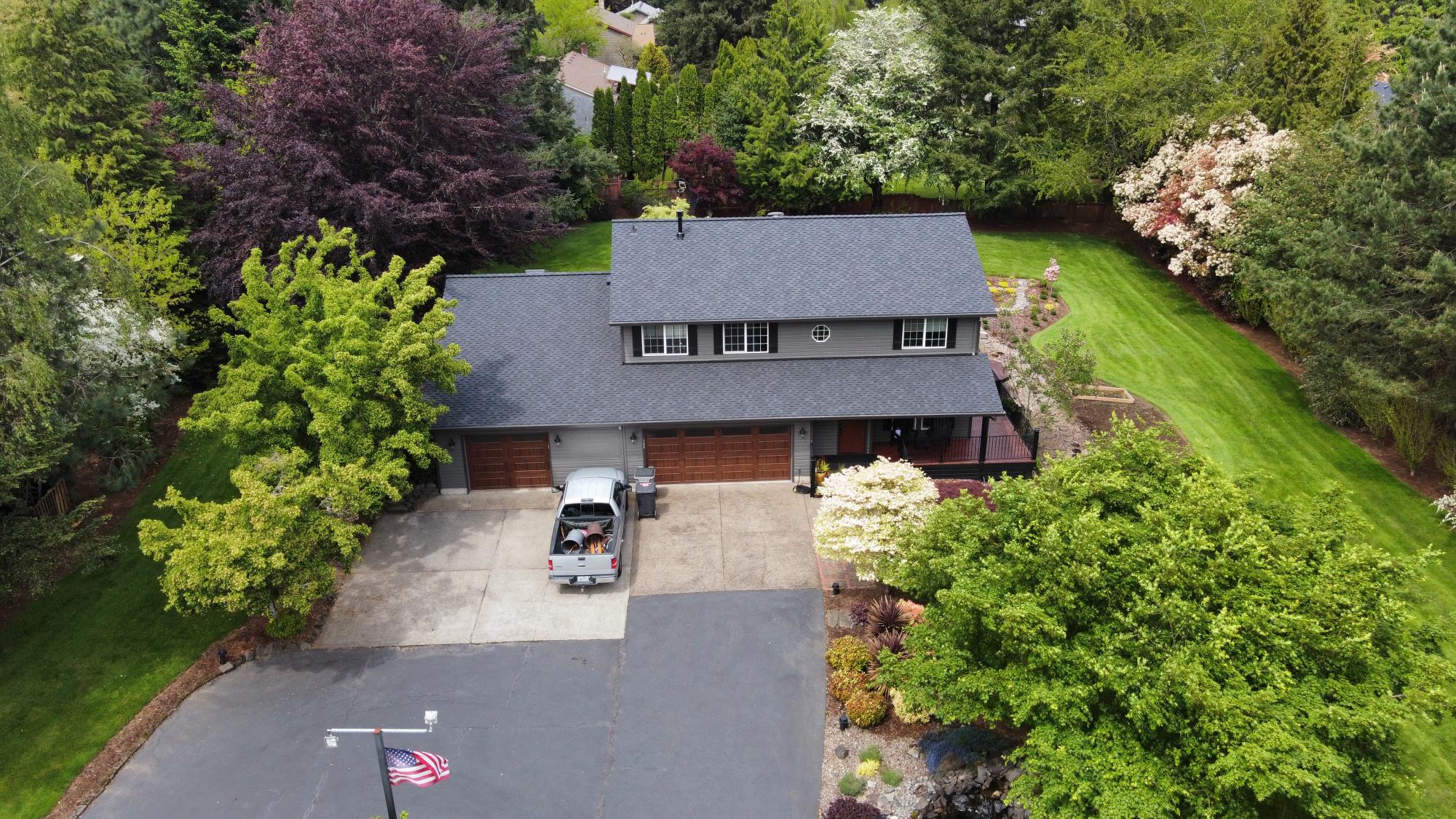 Aerial shot of home with architectural shingles